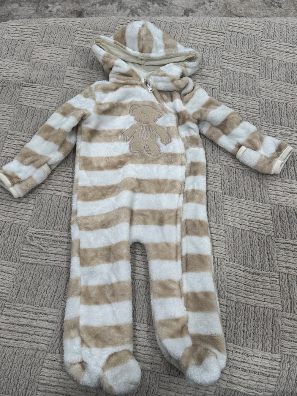 Striped Hooded Teddy Footed One-Piece in Beige and White